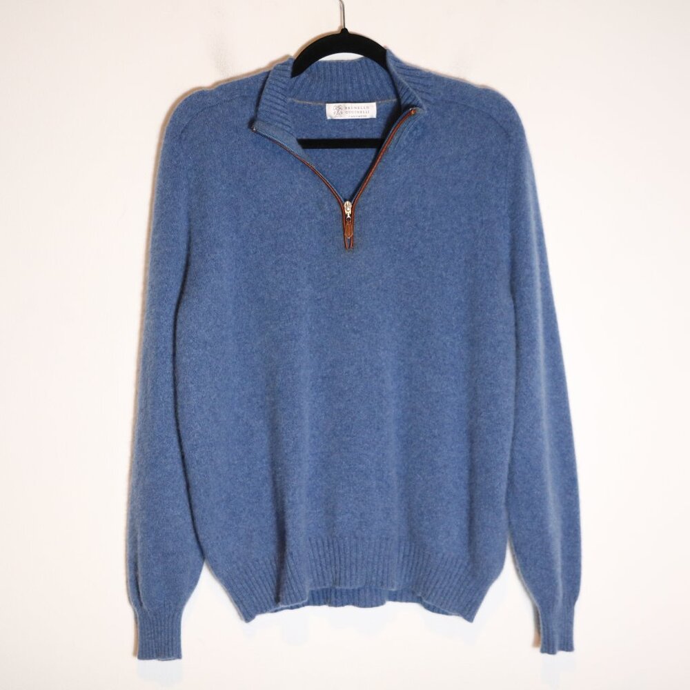 Brunello Cucinelli 100% Cashmere Quarter Zip Sweater 54 Large Blue Leather Trim